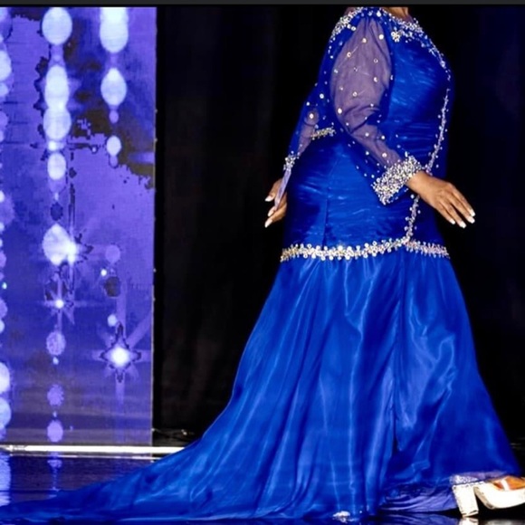 Custom Made 20/22 Plus Size Rhinestones Sequin Mesh Formal Gown with Train - Picture 1 of 5